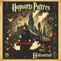 A captivating poster in the classic Harry Potter style, featuring a central artwork where the grand Hogwarts castle seamlessly transitions into the iconic Hogwarts Express train