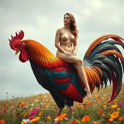 A naked woman artistically sitting on an oversized rooster, with humorous and surreal elements