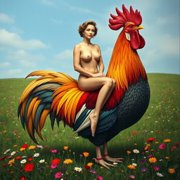 A naked woman artistically sitting on an oversized rooster, with humorous and surreal elements