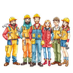 A vibrant group of workers dressed in creative tool-themed costumes, featuring designs inspired by hammers, keys, and screws