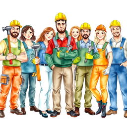 A vibrant group of workers dressed in creative tool-themed costumes, featuring designs inspired by hammers, keys, and screws