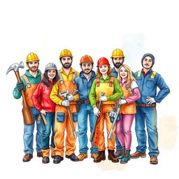 A vibrant group of workers dressed in creative tool-themed costumes, featuring designs inspired by hammers, keys, and screws