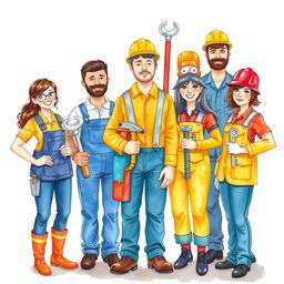 A vibrant group of workers dressed in creative tool-themed costumes, featuring designs inspired by hammers, keys, and screws