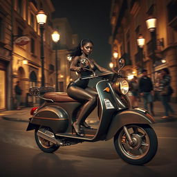 A steampunk night scene depicting a skinny black girl with long legs, adorned in a black leather bikini with a décolleté and a G-string, racing a vintage Vespa through the atmospheric streets of old Naples