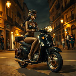 A steampunk night scene depicting a skinny black girl with long legs, adorned in a black leather bikini with a décolleté and a G-string, racing a vintage Vespa through the atmospheric streets of old Naples