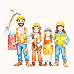 A charming group of workers dressed in tool-themed costumes, featuring designs inspired by hammers, keys, and screws