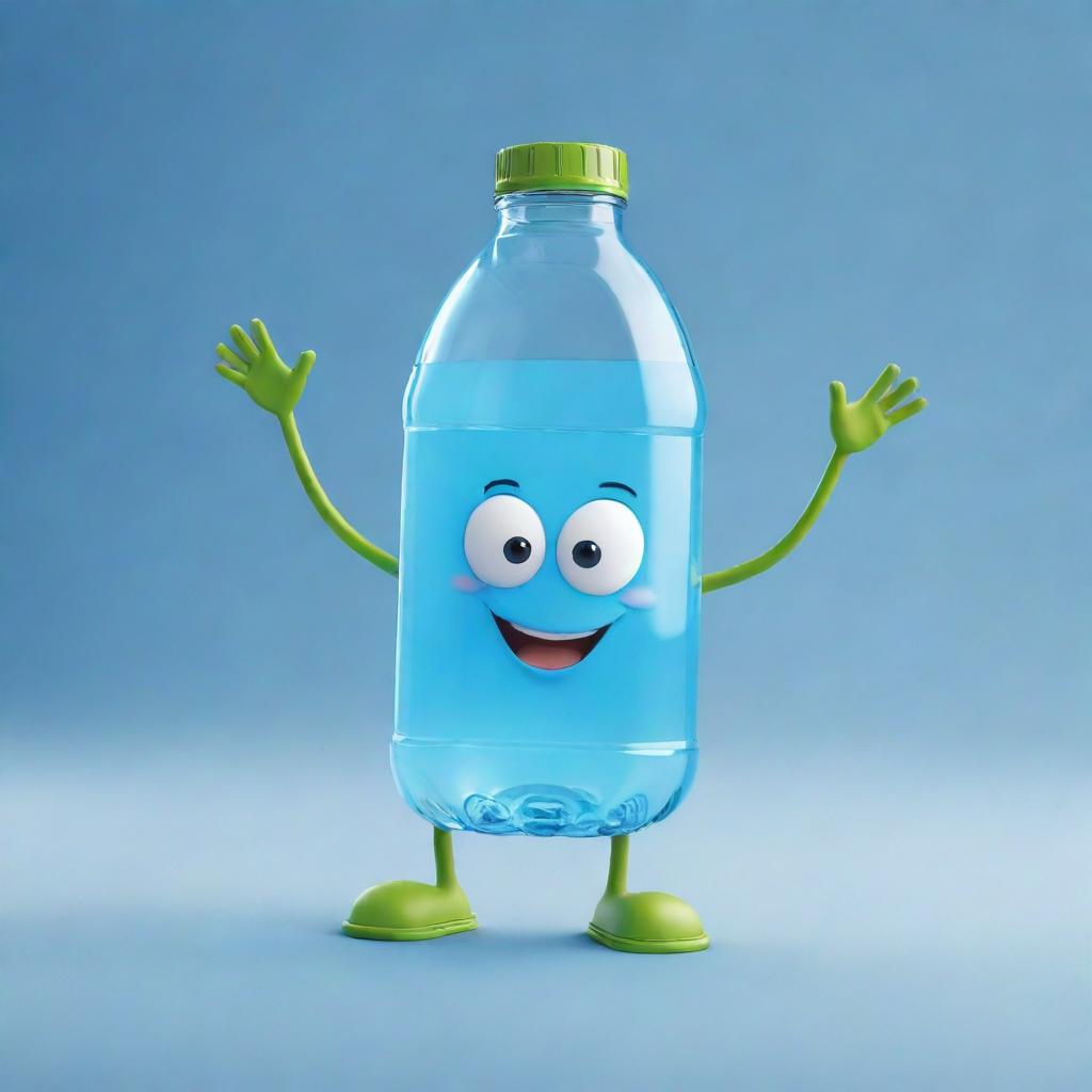 A cartoon character of a happy bottled water with arms and legs, making a fun and friendly gesture.