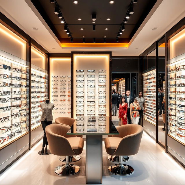 A modern and fashionable glasses store, designed with a sleek and inviting layout