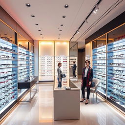 A modern and fashionable glasses store, designed with a sleek and inviting layout