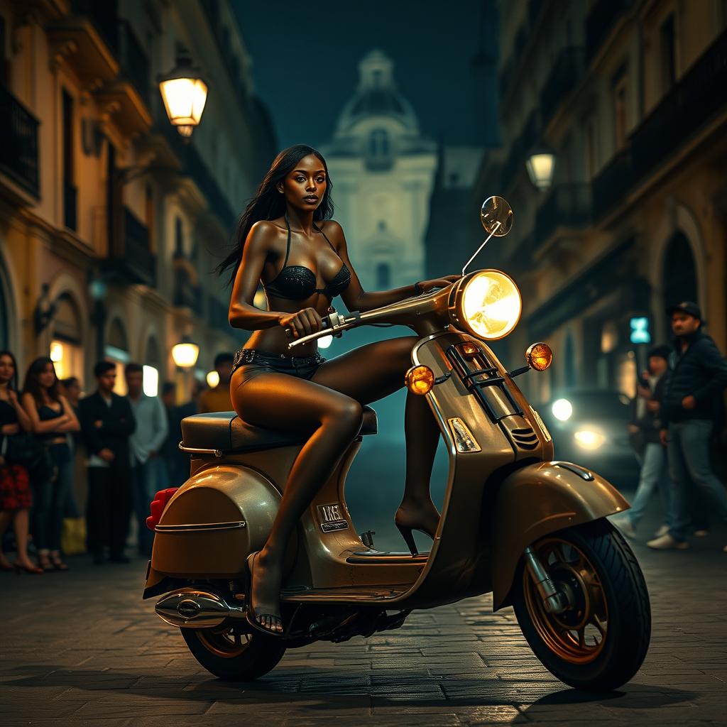 A steampunk night scene featuring a skinny black girl with long legs, clad in a black leather bikini with a décolleté and see-through tights, racing an old Vespa through the enchanting streets of old Naples