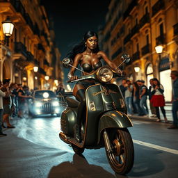 A steampunk night scene featuring a skinny black girl with long legs, clad in a black leather bikini with a décolleté and see-through tights, racing an old Vespa through the enchanting streets of old Naples