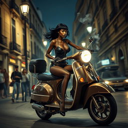 A steampunk night scene featuring a skinny black girl with long legs, clad in a black leather bikini with a décolleté and see-through tights, racing an old Vespa through the enchanting streets of old Naples