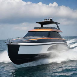 A robust and luxurious speed boat design that incorporates the bold design elements, signature colors, and iconic badges of a Land Rover off-road vehicle