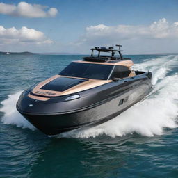 A robust and luxurious speed boat design that incorporates the bold design elements, signature colors, and iconic badges of a Land Rover off-road vehicle