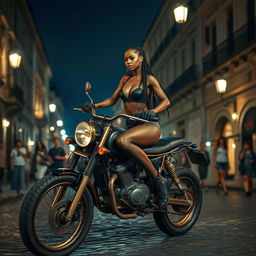 A captivating steampunk night scene featuring a skinny black girl with long legs and braided hair, flaunting a black leather bikini with a décolleté and see-through tights