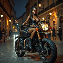 A captivating steampunk night scene featuring a skinny black girl with long legs and braided hair, flaunting a black leather bikini with a décolleté and see-through tights