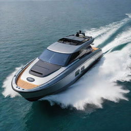 A robust and luxurious speed boat design that incorporates the bold design elements, signature colors, and iconic badges of a Land Rover off-road vehicle