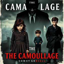 A mysterious and moody book cover for "The Camouflage" featuring two orphan girls standing side by side, their faces partially obscured to hint at similarity and disguise