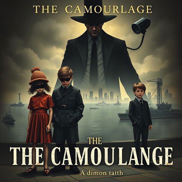 A mysterious and moody book cover for "The Camouflage" featuring two orphan girls standing side by side, their faces partially obscured to hint at similarity and disguise