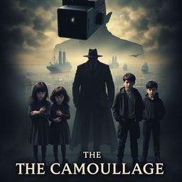 A mysterious and moody book cover for "The Camouflage" featuring two orphan girls standing side by side, their faces partially obscured to hint at similarity and disguise