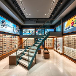 A spacious two-level glasses store with a sporty and cool aesthetic, specifically designed to cater to active and fashionable individuals