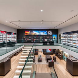 A spacious two-level glasses store with a sporty and cool aesthetic, specifically designed to cater to active and fashionable individuals