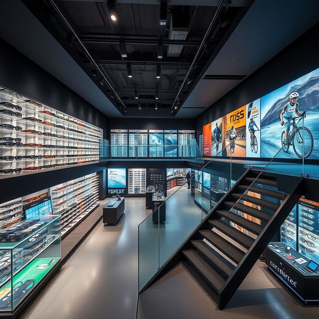 A spacious two-level glasses store with a sporty and cool aesthetic, specifically designed to cater to active and fashionable individuals