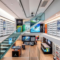 A spacious two-level glasses store with a sporty and cool aesthetic, specifically designed to cater to active and fashionable individuals