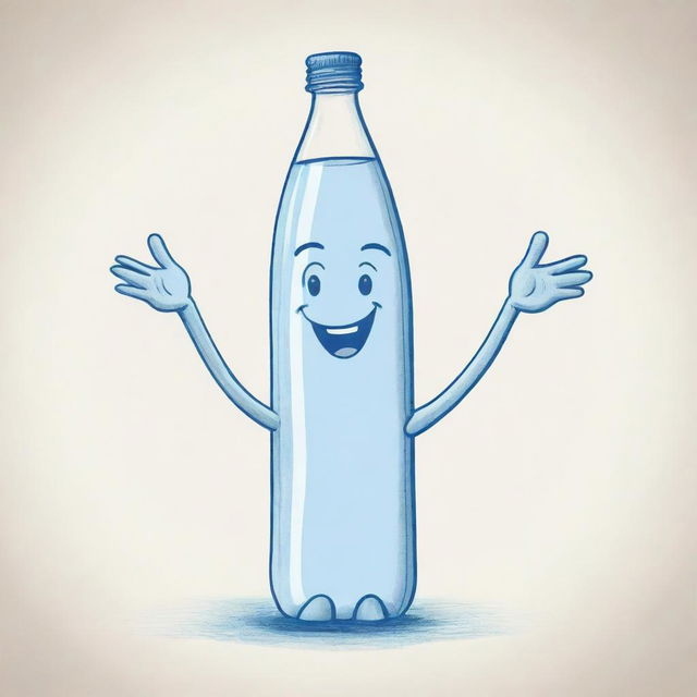 A sketch-style depiction of a bottled water character with human-like arms and legs, expressing joyful emotions.