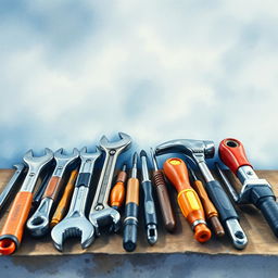 A close-up watercolor composition showcasing industrial tools meticulously arranged on a workbench