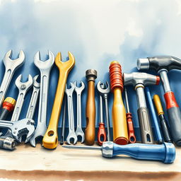 A close-up watercolor composition showcasing industrial tools meticulously arranged on a workbench