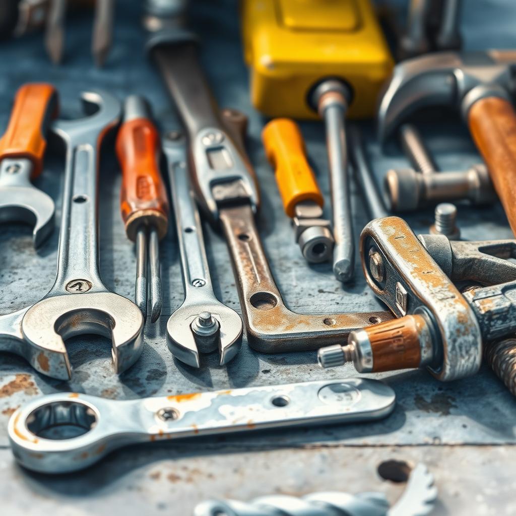 A close-up watercolor composition showcasing industrial tools meticulously arranged on a workbench