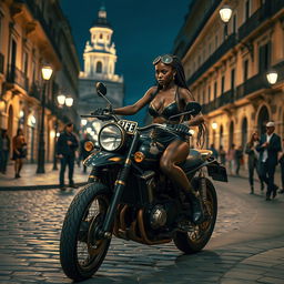 A captivating steampunk night scene featuring a skinny black girl with braided hair and long legs, accentuating her large breasts in a tiny black leather bikini with a décolleté and a string