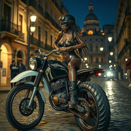 A captivating steampunk night scene featuring a skinny black girl with braided hair and long legs, accentuating her large breasts in a tiny black leather bikini with a décolleté and a string