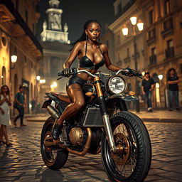 A captivating steampunk night scene featuring a skinny black girl with braided hair and long legs, accentuating her large breasts in a tiny black leather bikini with a décolleté and a string