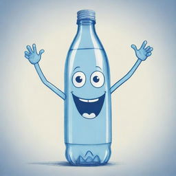 A sketch-style depiction of a bottled water character with human-like arms and legs, expressing joyful emotions.