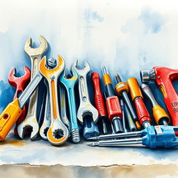 A close-up watercolor composition showcasing industrial tools carefully arranged on a workbench