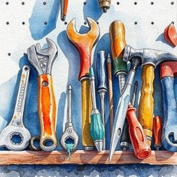 A close-up watercolor composition showcasing industrial tools carefully arranged on a workbench