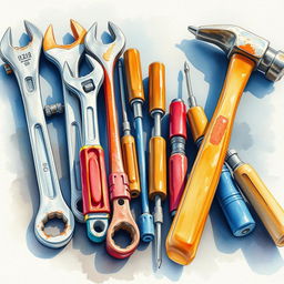 A close-up watercolor composition showcasing industrial tools carefully arranged on a workbench