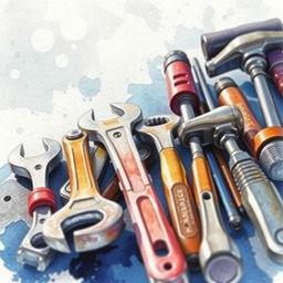 A close-up watercolor composition showcasing industrial tools carefully arranged on a workbench