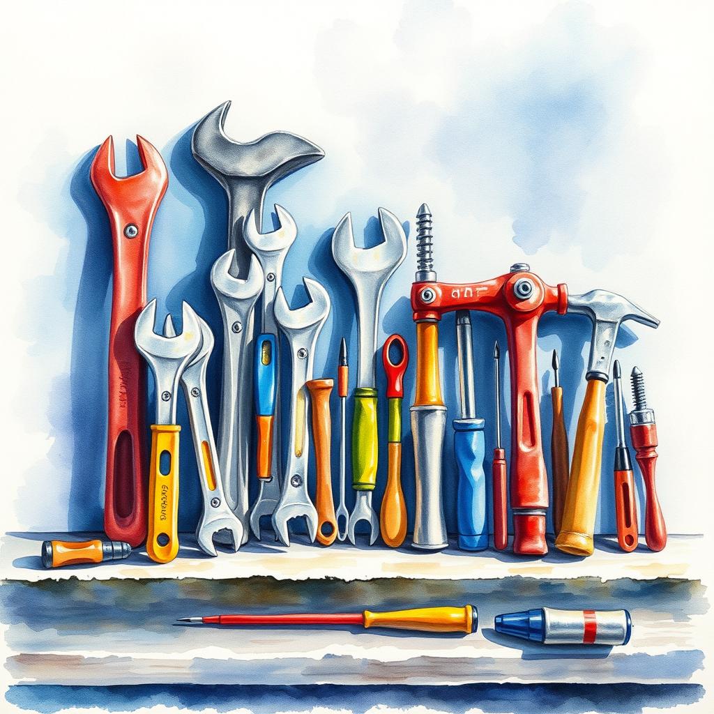 A watercolor composition depicting industrial tools meticulously arranged on a workbench