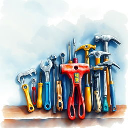 A watercolor composition depicting industrial tools meticulously arranged on a workbench