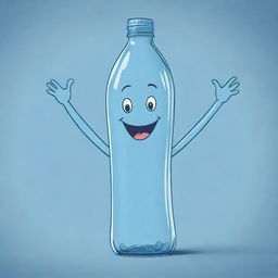 A sketch-style depiction of a bottled water character with human-like arms and legs, expressing joyful emotions.