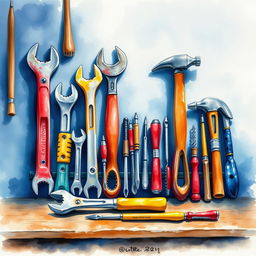 A watercolor composition depicting industrial tools meticulously arranged on a workbench