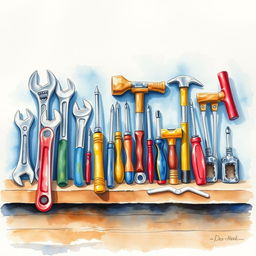 A watercolor composition depicting industrial tools meticulously arranged on a workbench