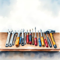 A watercolor composition featuring industrial tools carefully laid out on a workbench