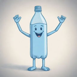 A sketch-style depiction of a bottled water character with human-like arms and legs, expressing joyful emotions.