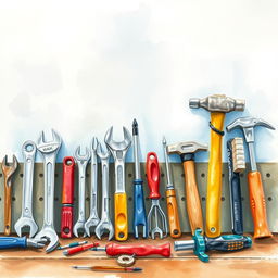 A watercolor composition illustrating industrial tools neatly arranged on a workbench