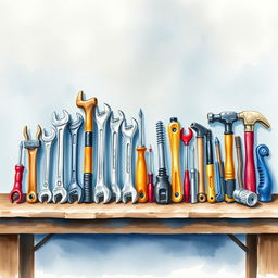 A watercolor composition illustrating industrial tools neatly arranged on a workbench