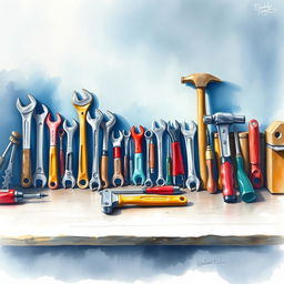 A watercolor composition illustrating industrial tools neatly arranged on a workbench